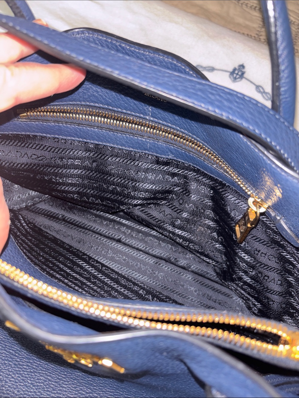 Prada Navy Leather Tote with Gold Logo Detail - Picture 4 of 10